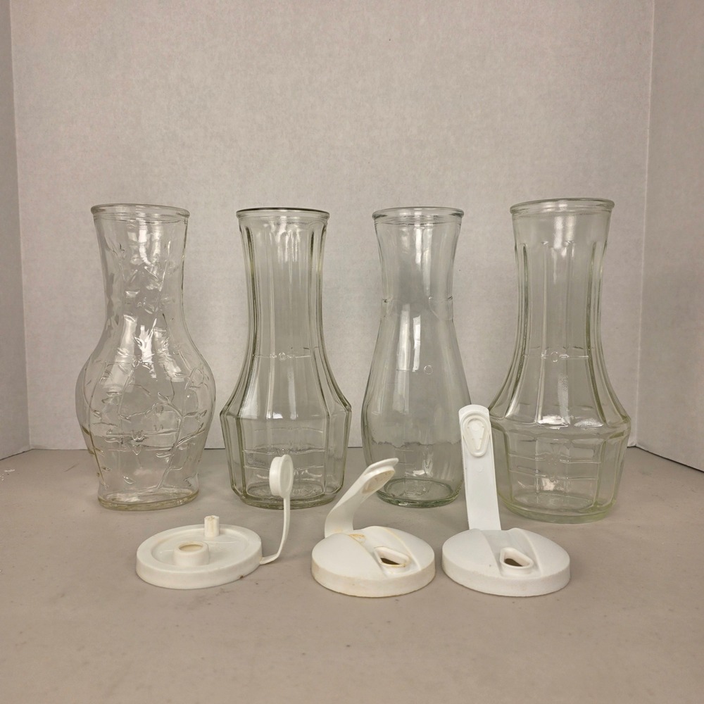 VTG 4 Good Seasons Glass Salad Dressing Cruet Bottles 3 Lids Etched A21 B9 S6